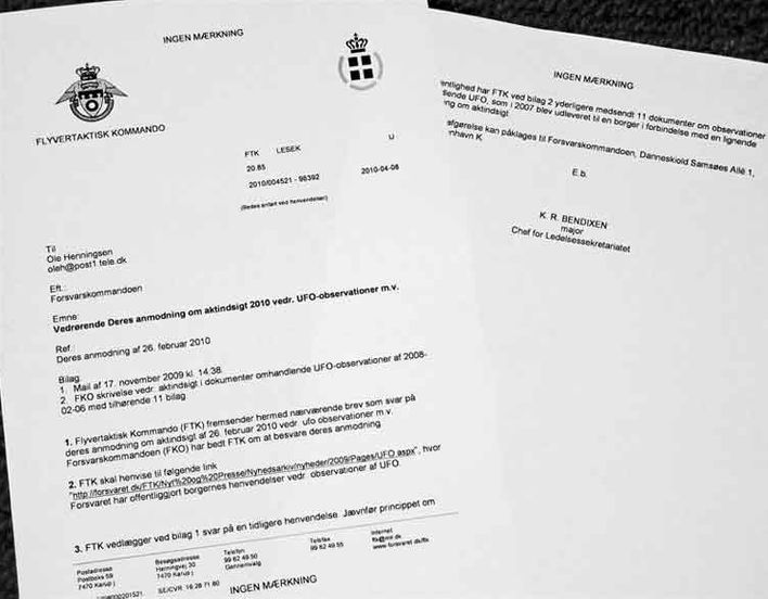 Flyvertaktisk Kommandos svar på anmodningen om aktindsigt i ufo-dokumenter hos Forsvarskommandoen.
Foto: Ole Henningsen 